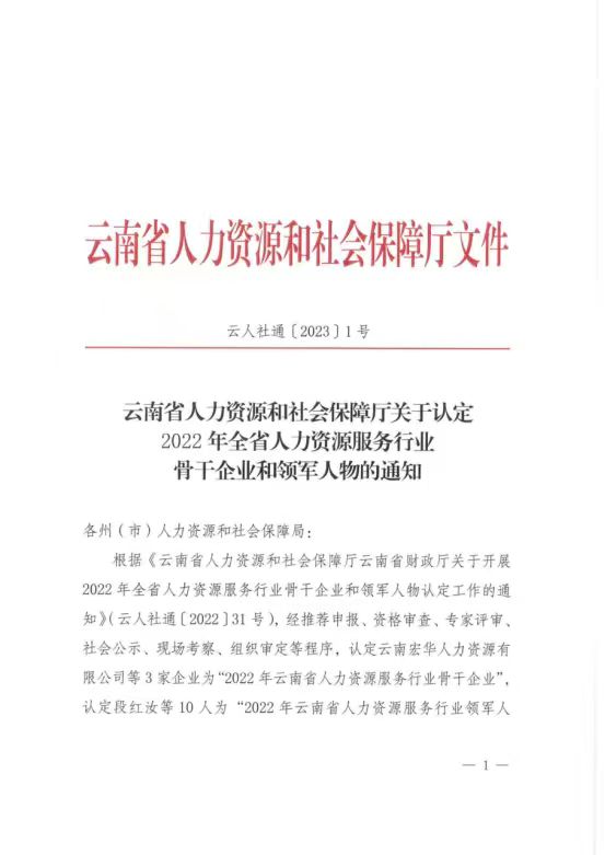 人力資源服務(wù)行業(yè)骨干企業(yè)及領(lǐng)軍人物官方授予文件1